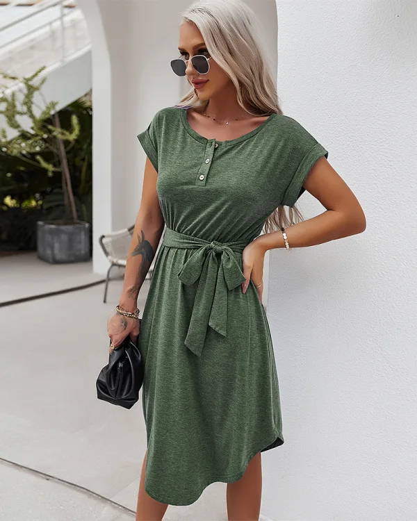 Casual Spring Summer Burgundy Women Dresses 2021 Scoop Neck Bow Short Sleeve Sash Loose