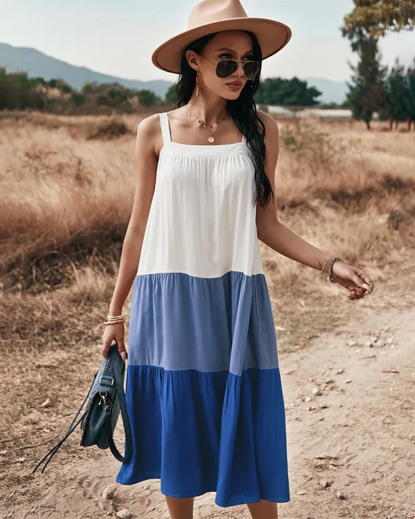 Chic / Beautiful Spring Summer Street Wear Ocean Blue Patchwork Women Dresses 2021 Spaghetti Straps Loose Sleeveless