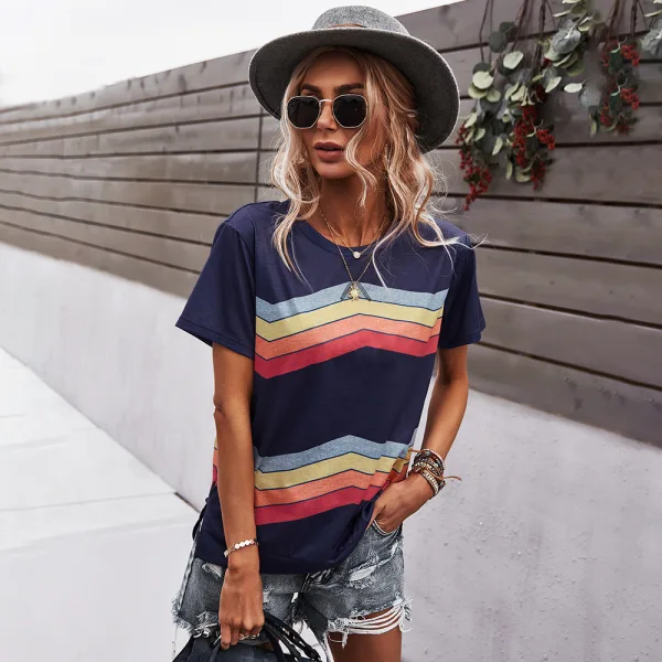 Fashion Spring Summer Candy Pink Street Wear Multi-Colors Striped T-Shirts 2021 Cotton Scoop Neck Loose Short Sleeve Women Tops
