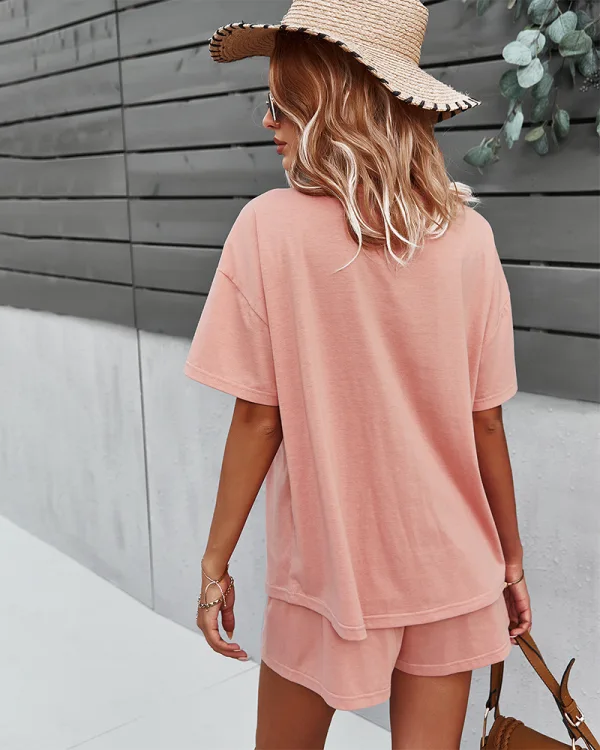 Casual Vår Sommar Limegrön Enfärgad Shorts T-Shirts 2021 V-Hals Knappar Korta ärm Lösa
