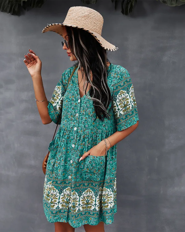 Bohemia Spring Summer Resort Wear Khaki Floral Women Dresses 2021 V-Neck Short Sleeve Loose