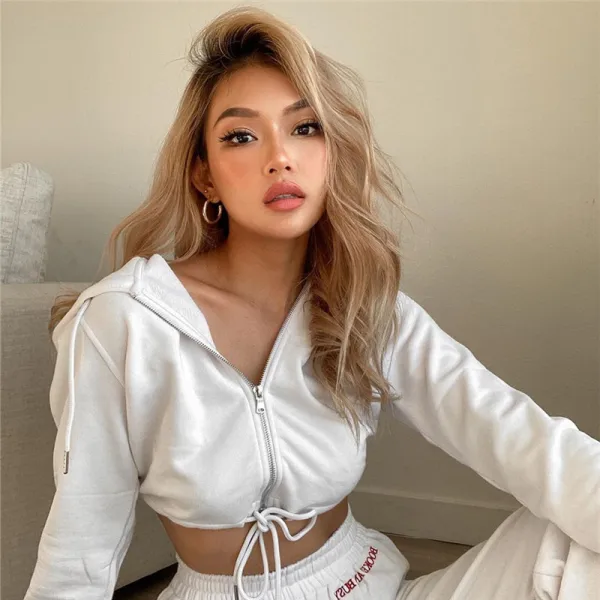 Fashion Fall Winter Street Wear White Solid Color Hooded Sweatshirts 2021 V-Neck Long Sleeve Loose Women Tops