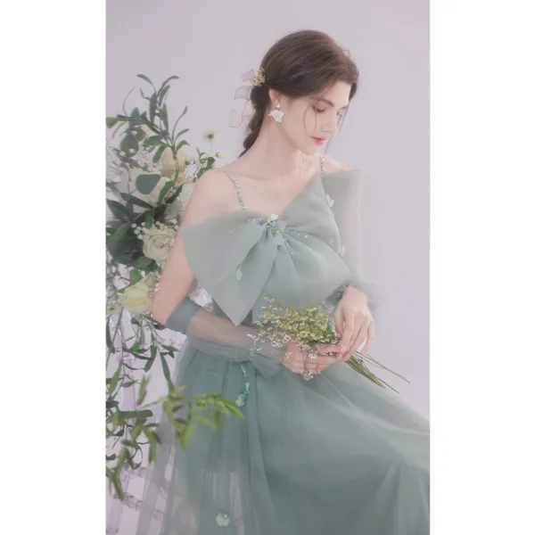 Illusion Sage Green Homecoming Prom Dresses Graduation Dresses 2021 A-Line / Princess Spaghetti Straps Sleeveless Bow Beading Appliques Backless Tea-length Formal Dresses