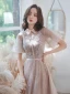 Charmant Rougissant Rose Robe De Soirée Robe De Bal 2021 Princesse Col Haut Papillon Appliques Paillettes En Dentelle Fleur Ceinture Manches Courtes Longue Robe De Ceremonie