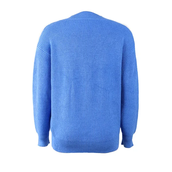 Fall Winter Street Wear Pool Blue Solid Color Knitting Sweaters 2021 V-Neck Long Sleeve Loose Women Tops
