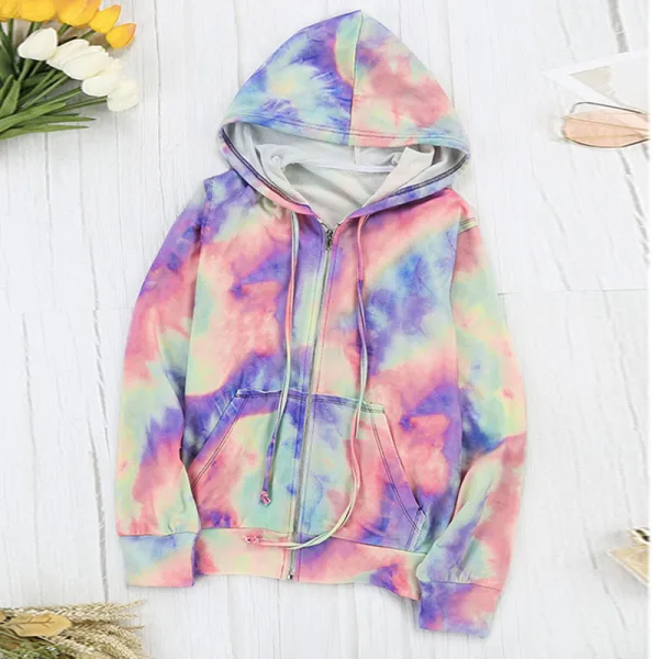 Fashion Fall Winter Street Wear Multi-Colors Tie-dye Sweatshirts 2021 V-Neck Long Sleeve Loose Hooded Women Tops