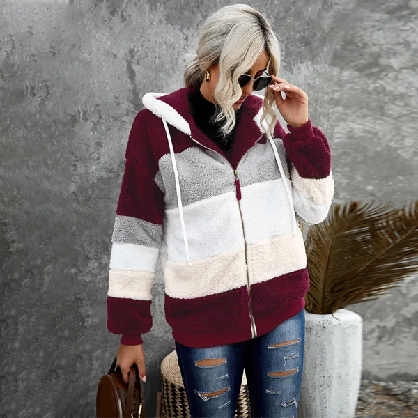 Fashion Fall Winter Street Wear Khaki Patchwork Plush Hooded Coats & Jackets 2021 Long Sleeve Women Tops