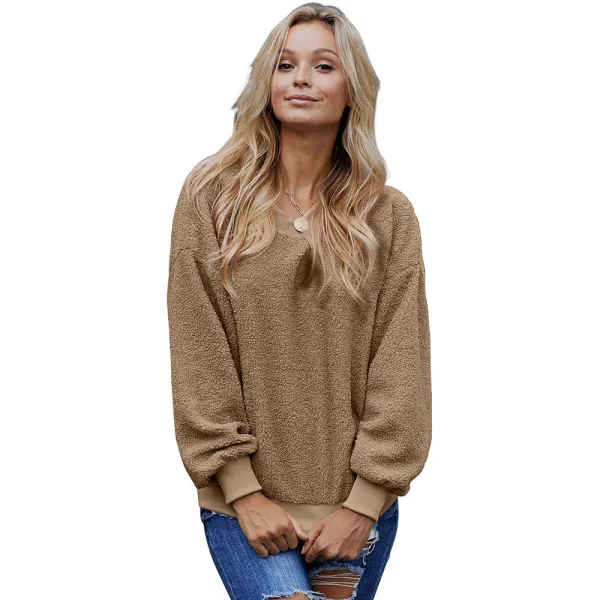Comfortable Casual Fall Winter Candy Pink Plush Sweatshirts 2021 Scoop Neck Loose Long Sleeve Women Tops