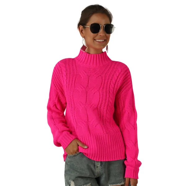Fall Winter Street Wear Brown Knitting Sweaters 2021 Cotton High Neck Long Sleeve Loose Women Tops