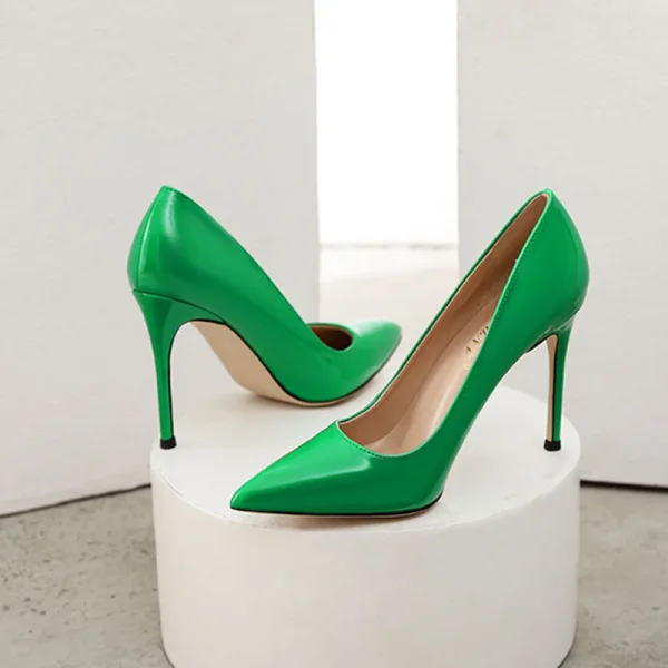 Mode Grün Strassenmode Leder Pumps 2021 Lackleder 10 cm Stilettos Spitzschuh Pumps