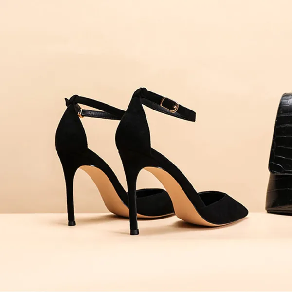 Fashion Black Street Wear Womens Sandals 2021 Leather Ankle Strap 10 cm Stiletto Heels Pointed Toe Sandals High Heels