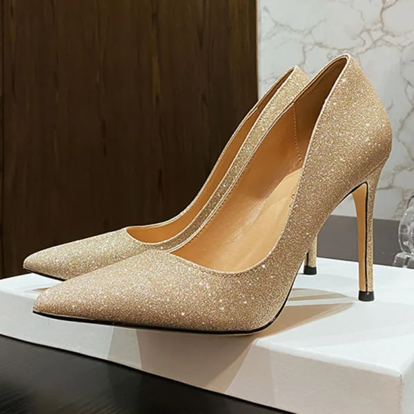 Sparkly Silver Evening Party Sequins Pumps 2021 Leather 10 cm Stiletto Heels Pointed Toe Pumps High Heels