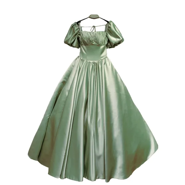 Vintage / Retro Ball Gown Green Satin Prom Dresses 2021 Square Neckline Short Sleeve Backless Floor-Length / Long Formal Dresses