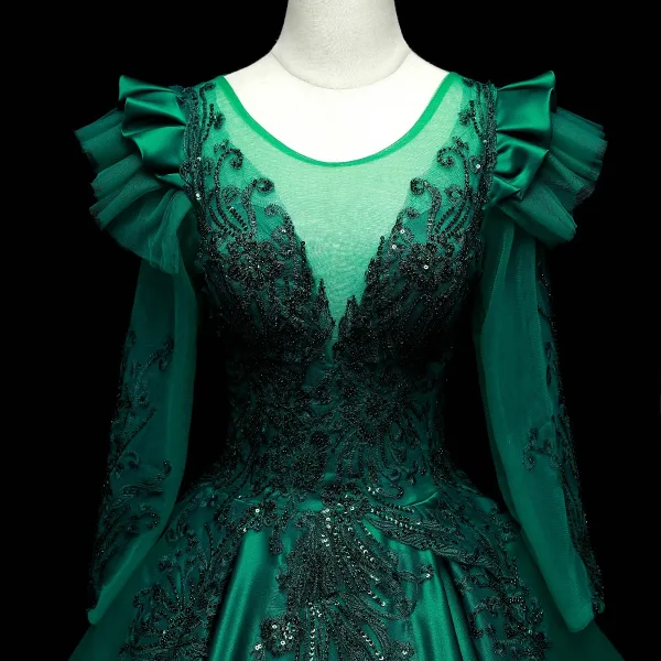 Vintage / Retro Dark Green Satin Prom Dresses 2021 Ball Gown Scoop Neck Beading Sequins Lace Flower Long Sleeve Backless Floor-Length / Long Formal Dresses