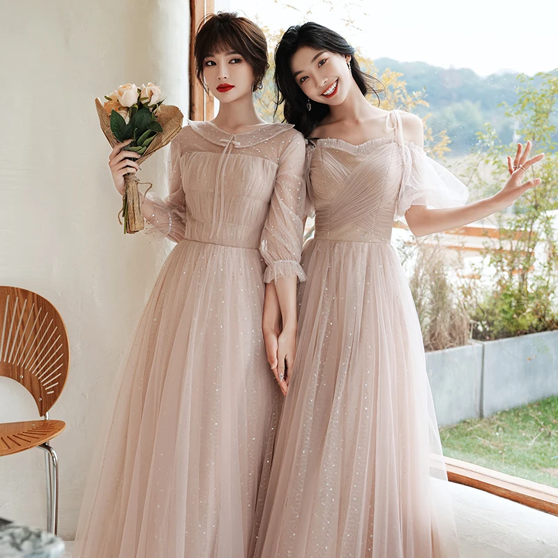 Chic Beautiful Blushing Pink Bridesmaid Dresses 2021 A Line Princess Scoop  Neck Sequins Short Sleeve Backless Floor Length Long Wedding Party Dresses