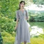 Modest / Simple Sky Blue Bridesmaid Dresses 2021 A-Line / Princess V-Neck Bow Short Sleeve Backless Tea-length Wedding Party Dresses