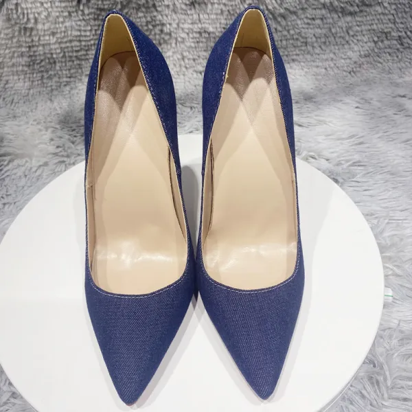 Chic / Beautiful Navy Blue Street Wear Denim Pumps 2021 12 cm Stiletto Heels Pointed Toe Pumps High Heels