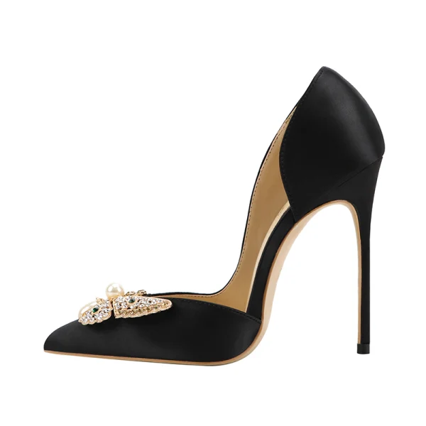 Charming Black Evening Party Rhinestone Pearl Butterfly Satin Womens Shoes 2021 12 cm Stiletto Heels Pointed Toe Womens Shoes High Heels