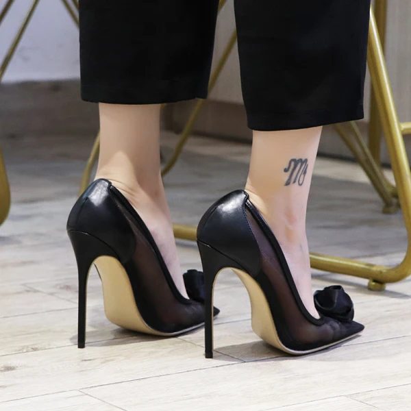 Sexy Black See-through Evening Party Pumps 2021 Flower 12 cm Stiletto Heels Pointed Toe Pumps High Heels