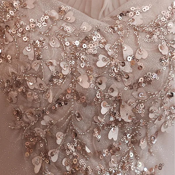 Chic / Belle Rougissant Rose Robe De Bal 2021 Princesse Encolure Carrée Perlage Appliques Paillettes Manches Courtes Dos Nu Longue Robe De Ceremonie