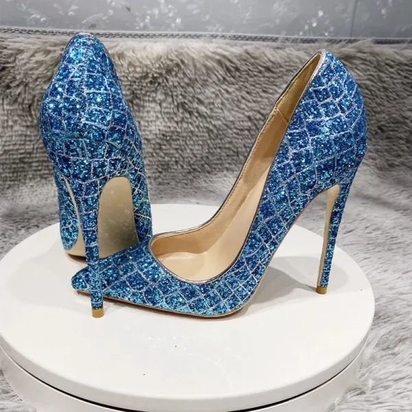 Sparkly Ocean Blue Sequins Cocktail Party Evening Party Pumps 2021 12 cm Stiletto Heels Pointed Toe Pumps High Heels