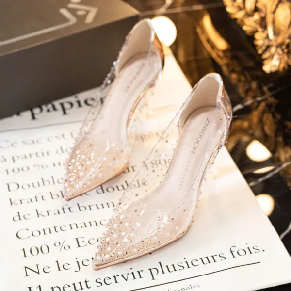 Sexy Transparent Rhinestone Silver Wedding Pumps 2021 7 cm Stiletto Heels Pointed Toe Pumps High Heels