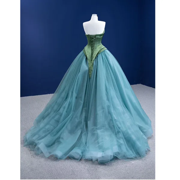 Schöne Dunkelgrün Blau Ballkleid Ballkleider 2021 Bandeau Ärmellos Rückenfreies Sweep / Pinsel Zug Festliche Kleider
