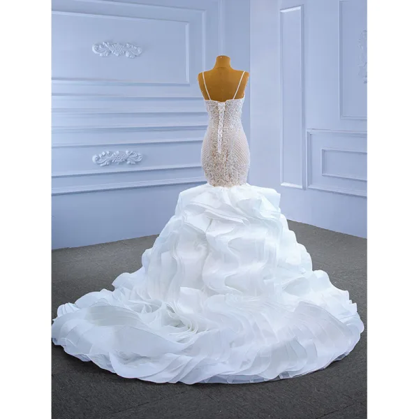 Luxe Haut de Gamme Charmant Blanche Volants en Cascade Robe De Mariée 2021 Trompette / Sirène Bretelles Spaghetti Sans Manches Perlage Perle En Dentelle Fleur Dos Nu