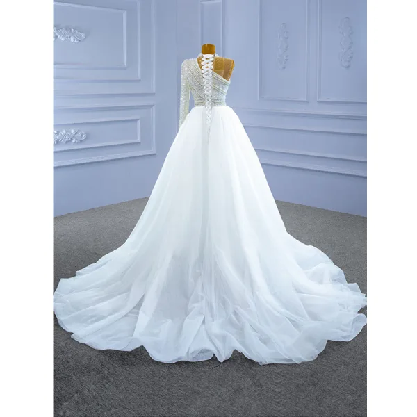 High End Glitzernden Weiß Brautkleider / Hochzeitskleider 2021 Meerjungfrau Perlenstickerei Stehkragen Perle Pailletten Lange Ärmel Rückenfreies Hof-Schleppe Hochzeit