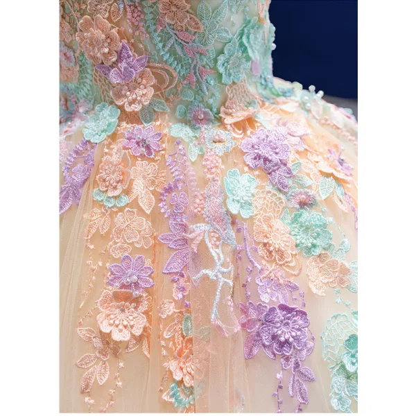 Flower Fairy Chic / Beautiful Champagne Pearl Lace Flower Prom Dresses 2021 Ball Gown Off-The-Shoulder Sleeveless Backless Floor-Length / Long Formal Dresses