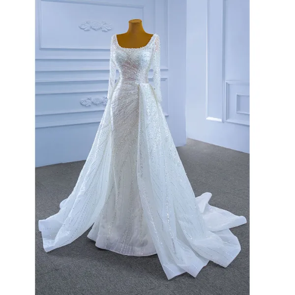 Scintillantes Haut de Gamme Blanche Perlage Perle Paillettes Robe De Mariée 2021 Trompette / Sirène U-Cou Manches Longues Dos Nu Longue Mariage