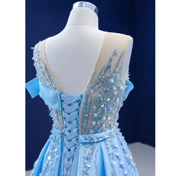 High-end Pool Blue Beading Pearl Sequins Prom Dresses 2021 Trumpet / Mermaid Scoop Neck Sleeveless Backless Chapel Train Formal Dresses