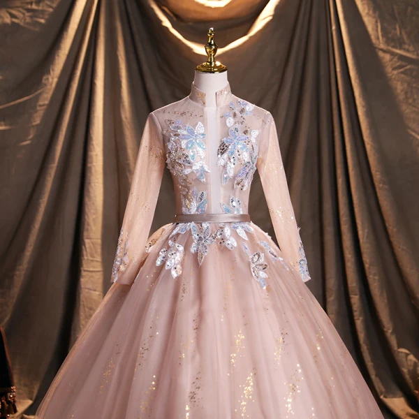 Chic / Belle Rougissant Rose Paillettes Robe De Bal 2021 Robe Boule Col Haut Manches Longues Dos Nu Ceinture Longue Robe De Ceremonie