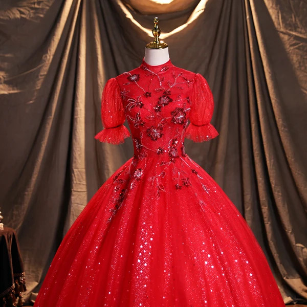 Scintillantes Rouge Robe De Bal Princesse 2021 Col Haut Perlage Étoile Paillettes Manches de cloche Dos Nu Longue Robe De Ceremonie