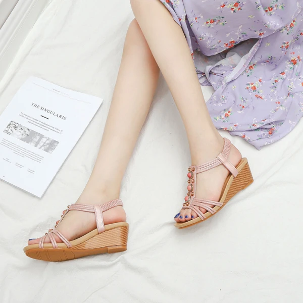 Roman Vintage / Retro Casual Sky Blue Pearl Womens Sandals 2021 5 cm Wedges T-Strap Open / Peep Toe Sandals High Heels