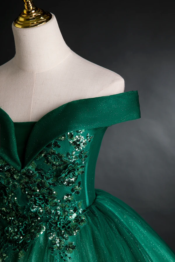 Elegant Dark Green Prom Dresses 2021 Ball Gown Off-The-Shoulder Beading Sequins Lace Flower Sleeveless Backless Floor-Length / Long Formal Dresses