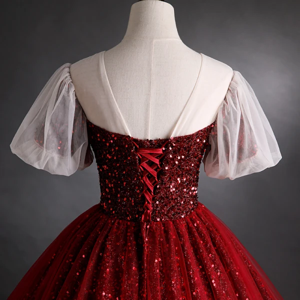 Sparkly Burgundy Sequins Prom Dresses 2021 Ball Gown V-Neck Beading Short Sleeve Backless Floor-Length / Long Formal Dresses