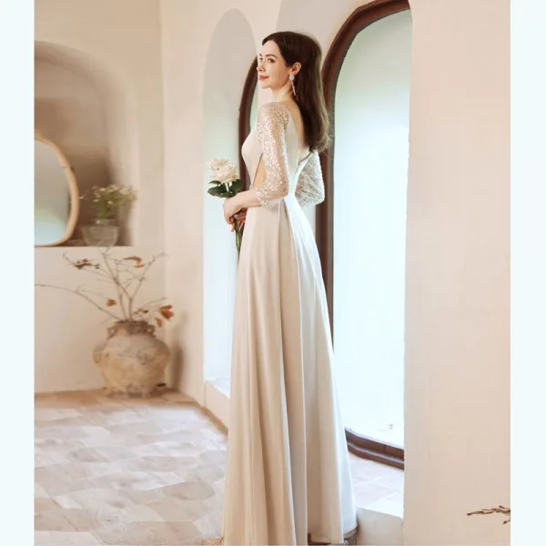 Charming Beige Beading Sequins Prom Dresses 2021 A-Line / Princess V-Neck Pearl Rhinestone Sash 3/4 Sleeve Backless Floor-Length / Long Prom Formal Dresses