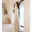 Charming Beige Beading Sequins Prom Dresses 2021 A-Line / Princess V-Neck Pearl Rhinestone Sash 3/4 Sleeve Backless Floor-Length / Long Prom Formal Dresses