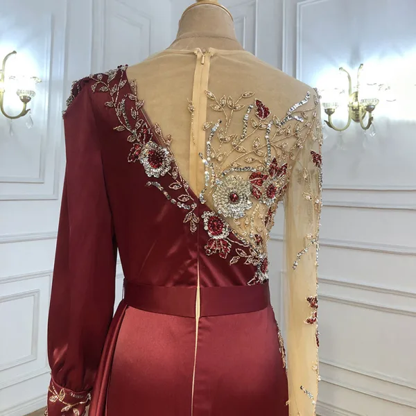 High-end Burgundy Handmade  Beading Pearl Rhinestone Evening Dresses 2021 Trumpet / Mermaid Scoop Neck Satin Long Sleeve Sweep Train Evening Party Formal Dresses