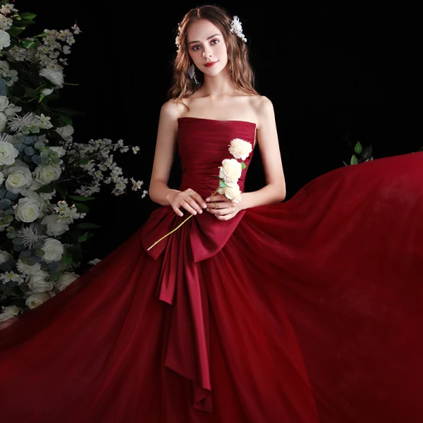 Chic / Belle Bordeaux Robe De Bal 2021 Princesse Bustier Noeud Sans Manches Longue Promo Robe De Ceremonie