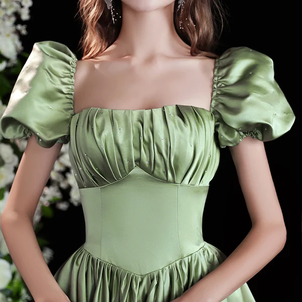 Elegant Sage Green Satin Prom Dresses 2021 A-Line / Princess Square Neckline Puffy Short Sleeve Backless Bow Floor-Length / Long Formal Dresses