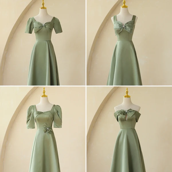 Schlicht Salbeigrün Satin Brautjungfernkleider A Linie 2021 Kurze Ärmel Rückenfreies Lange Kleider Für Hochzeit