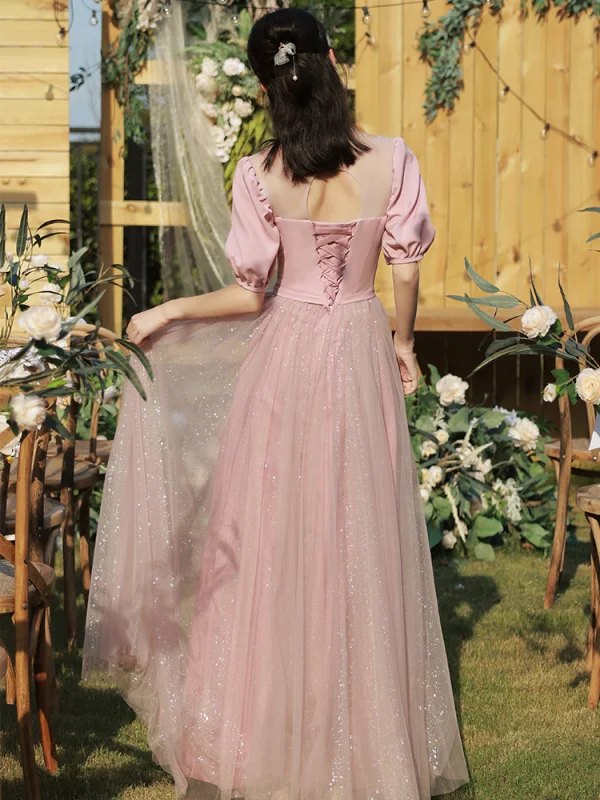Chic / Belle Rose Bonbon Perle Robe Demoiselle D'honneur 2021 Princesse Manches Courtes Dos Nu Paillettes Longue Robe Pour Mariage