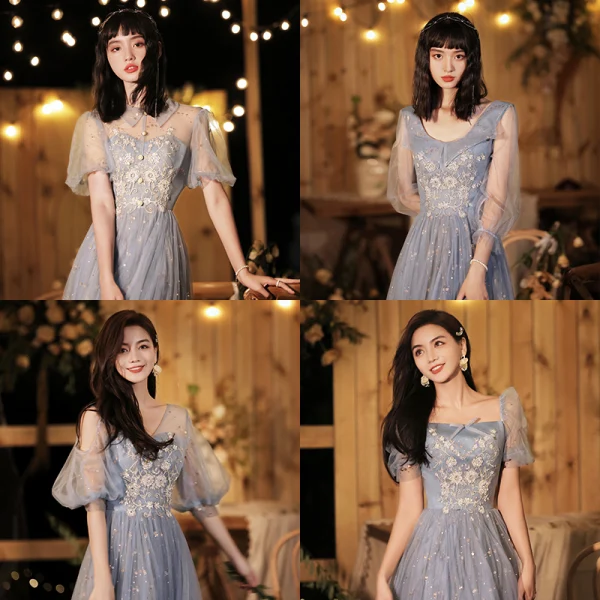 Fashion Sky Blue Beading Sequins Bridesmaid Dresses 2021 A-Line / Princess Pearl Rhinestone Short Sleeve Backless Floor-Length / Long Wedding Party Dresses