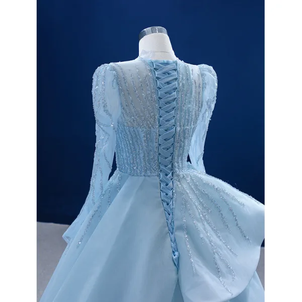 High-end Pool Blue Beading Sequins Prom Dresses 2021 A-Line / Princess High Neck Long Sleeve Sweep Train Formal Dresses