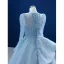 High-end Pool Blue Beading Sequins Prom Dresses 2021 A-Line / Princess High Neck Long Sleeve Sweep Train Formal Dresses
