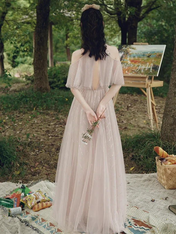 Modest / Simple Dusky Pink Sequins Bridesmaid Dresses 2021 A-Line / Princess Short Sleeve Backless Floor-Length / Long Wedding Party Dresses