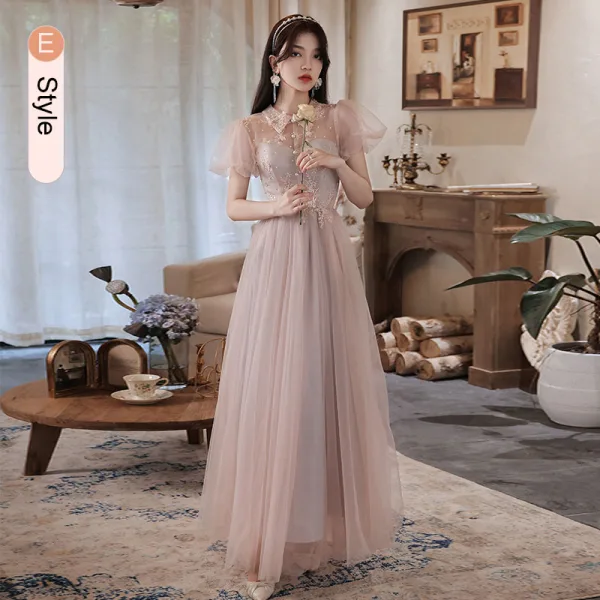 Chic / Beautiful Grey Pearl Lace Flower Bridesmaid Dresses 2021 A-Line / Princess Short Sleeve Backless Floor-Length / Long Bridesmaid Wedding Party Dresses