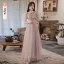 Chic / Beautiful Grey Pearl Lace Flower Bridesmaid Dresses 2021 A-Line / Princess Short Sleeve Backless Floor-Length / Long Bridesmaid Wedding Party Dresses